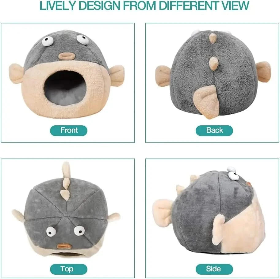Cozy Pufferfish Cat Cave Bed with Washable Pillow, Soft Plush for Indoor Cats