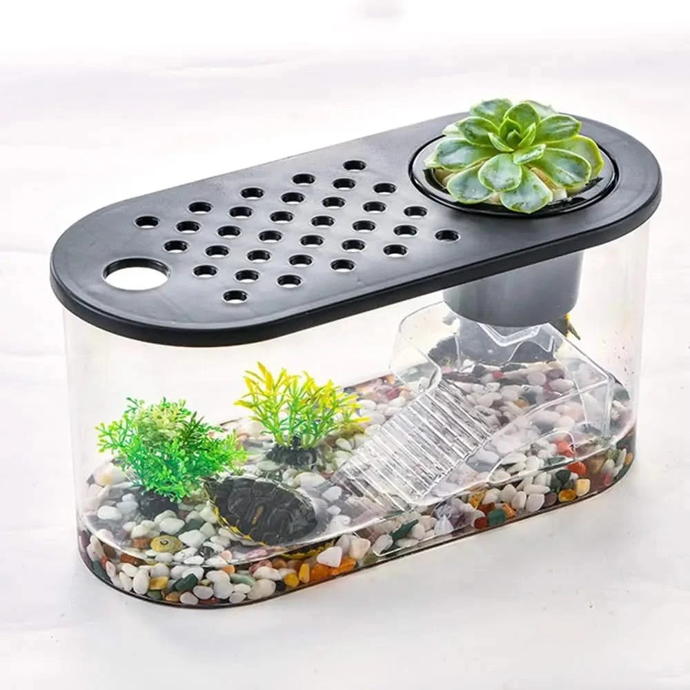 Complete Small Turtle Tank Kit: Reptile Aquarium, Basking Platform, Decor, Grass