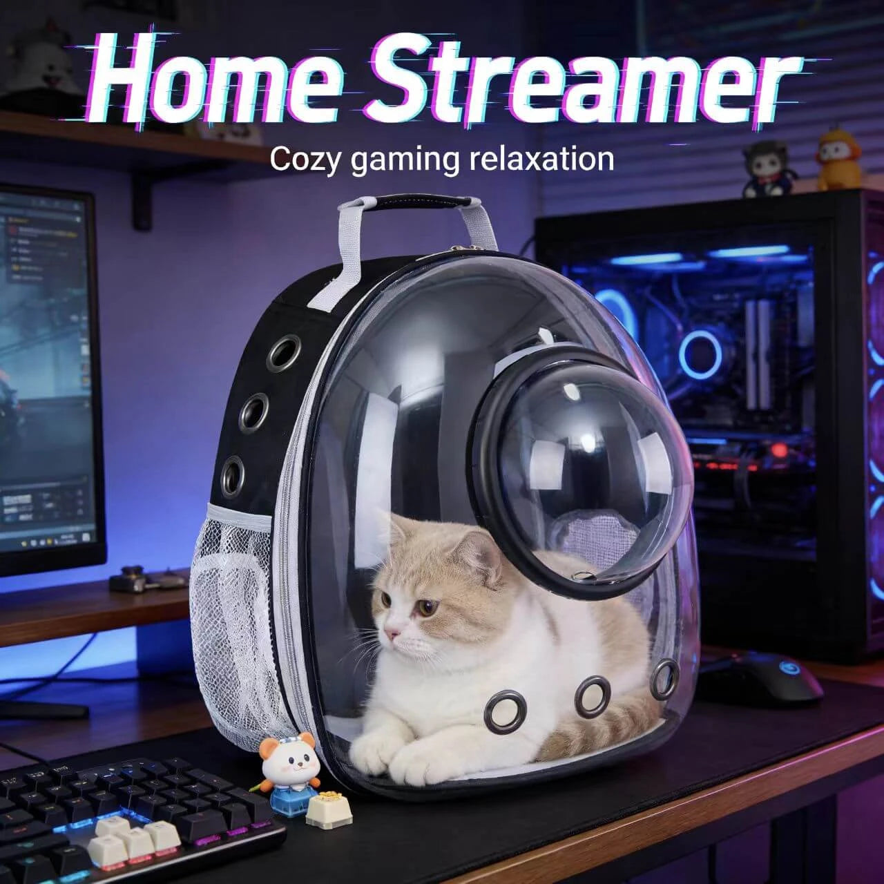 Travel Pet Backpack Carrier - Bubble Window, Mesh Pocket, Black