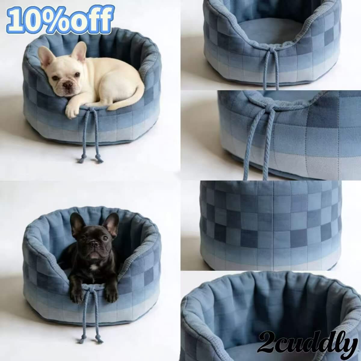 Studio-Decor Pet Bed for Dogs - Round, Blue Checkered, Adjustable Drawstring, Durable Fabric, Urban Style