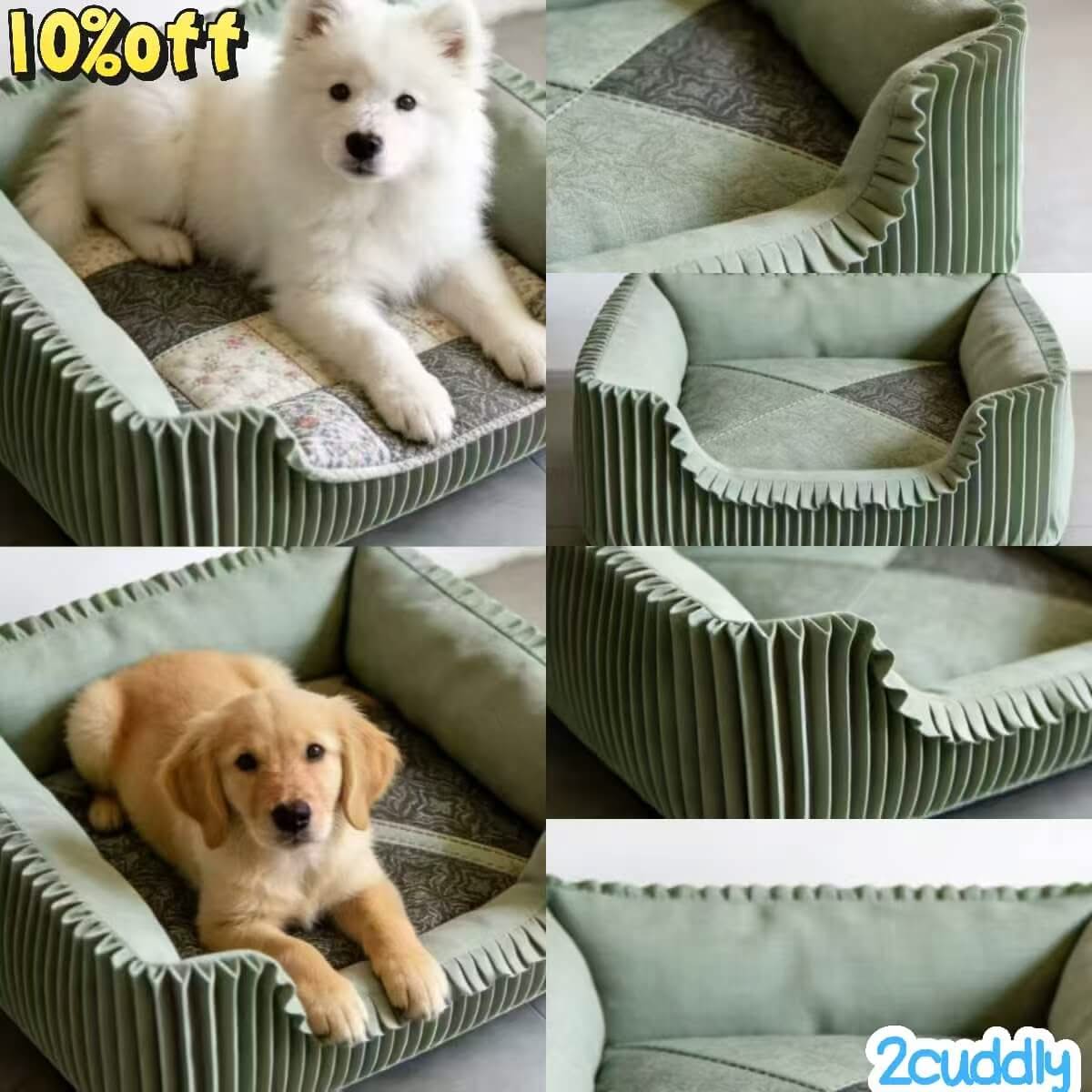 Scandinavian-Study Pet Bed for Dogs - Square, Mint, Pleated Edge, Patchwork Cushion, Minimalist Style