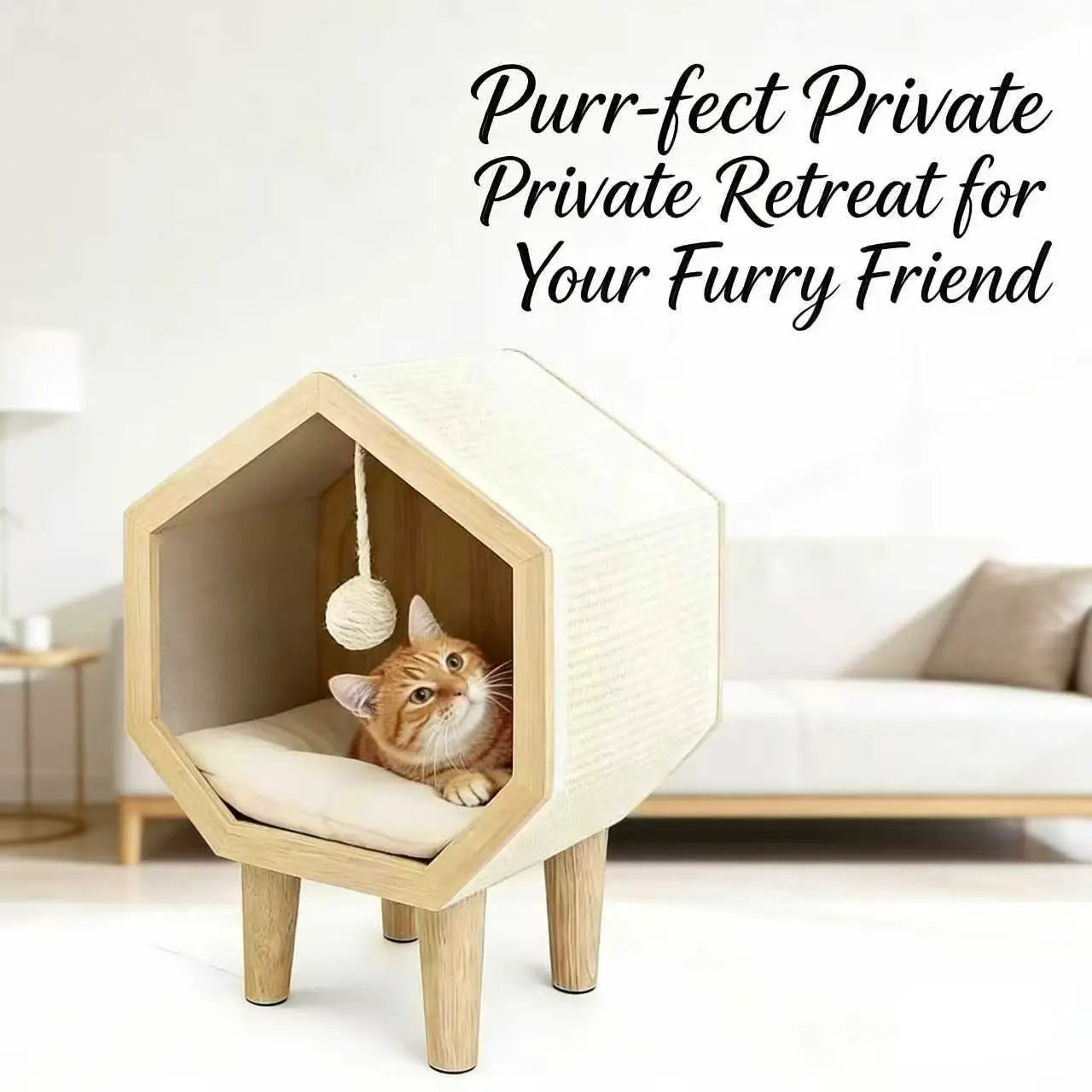 Hexagonal Wooden Cat Cave & Scratcher: Elevated Hideaway with Cushion & Toy, Modern Furniture for Indoor Cats