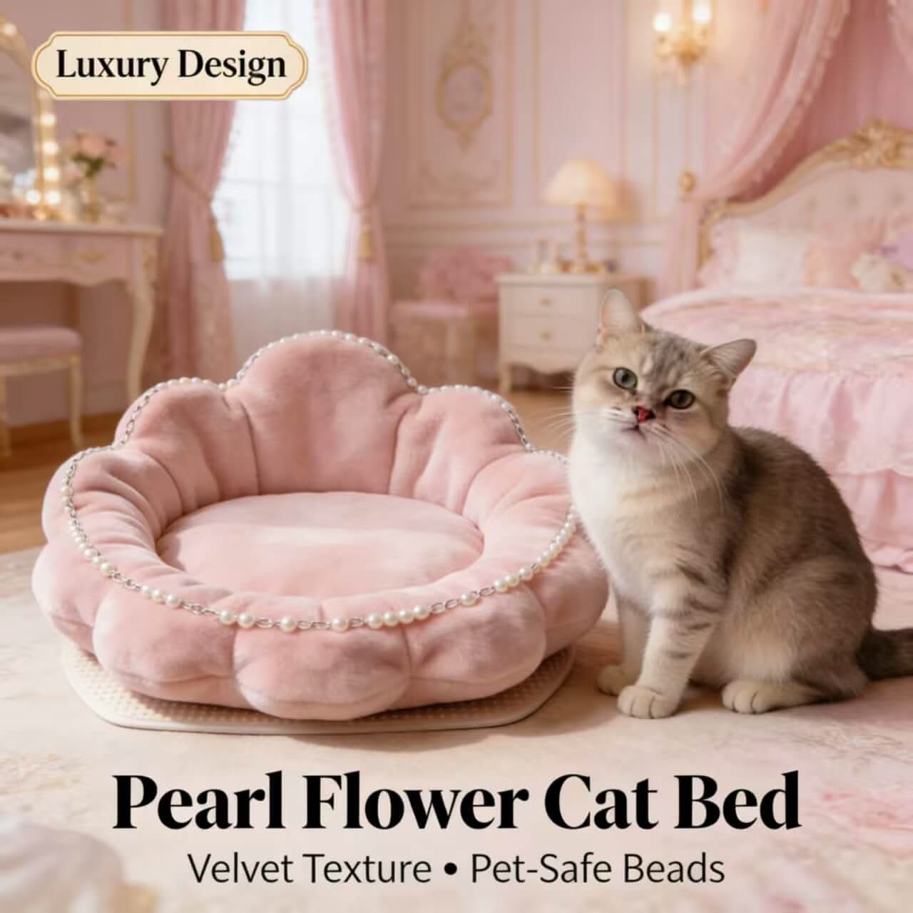 Pearl Flower Cat Bed, Velvet Pet-Safe Beads Pink for Cats