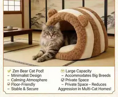 Bear-Ear Cat Bed: Cozy Hideaway, Striped Plush Surface (Brown-Beige)