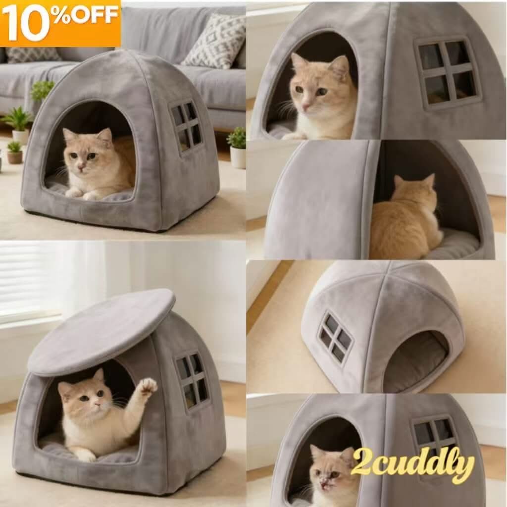 Cozy Pet Cave Bed for Cats - Gray, Tent Design, Window Decor, Soft Plush