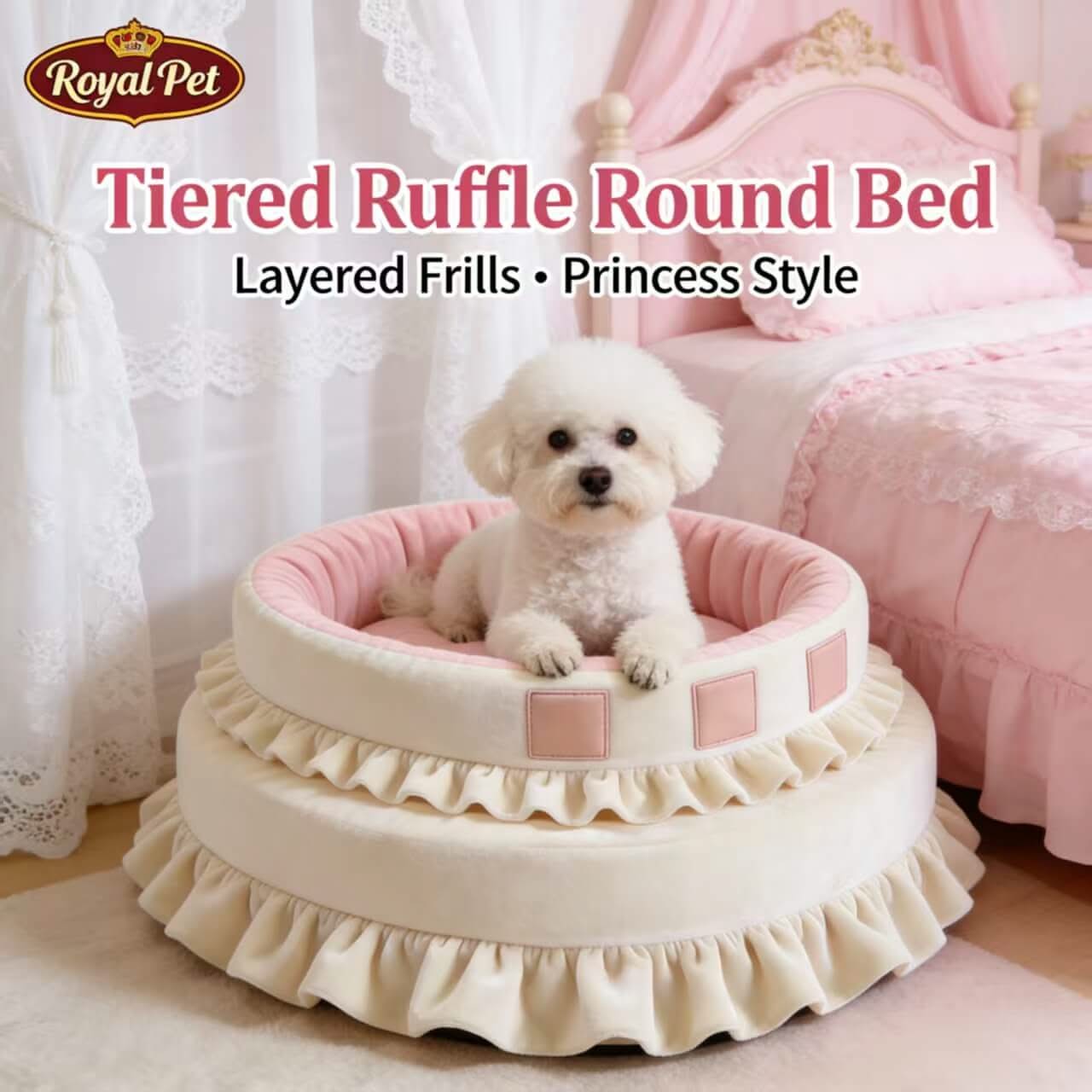 RoyalPet Pet Bed for Dogs - Round, Pink-Beige, Tiered Ruffle, Layered Frills, Princess Style