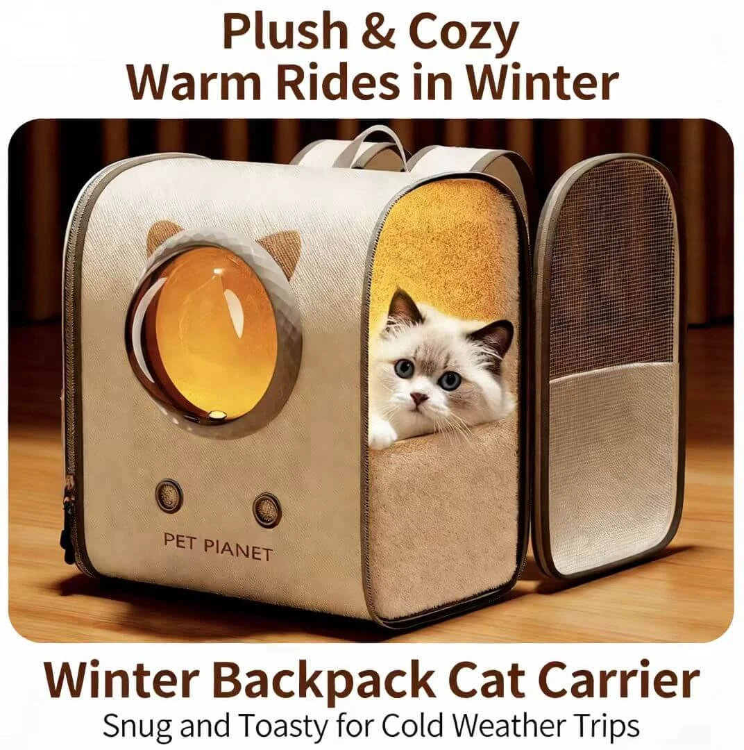 Cold-Weather Pet Backpack Carrier - Thermal Lining, Clear View, Beige