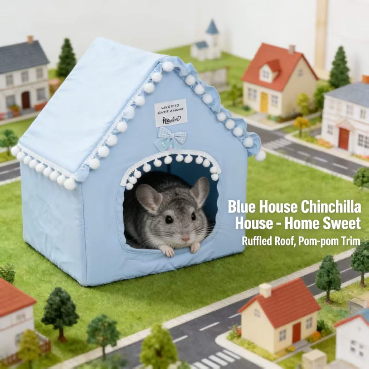 Home-Sweet Chinchilla House for Chinchillas - Blue House Shape, Ruffled Roof, Pom-pom Trim