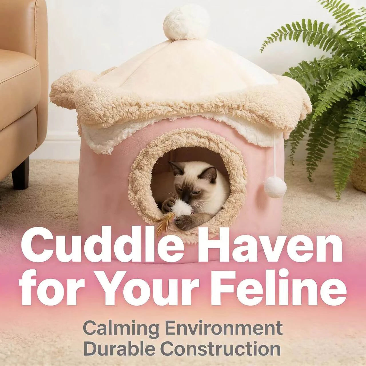 Warm Enclosed Pet House for Cats - Plush, Pink/Beige, Hanging Toy Cozy Rest Cottage