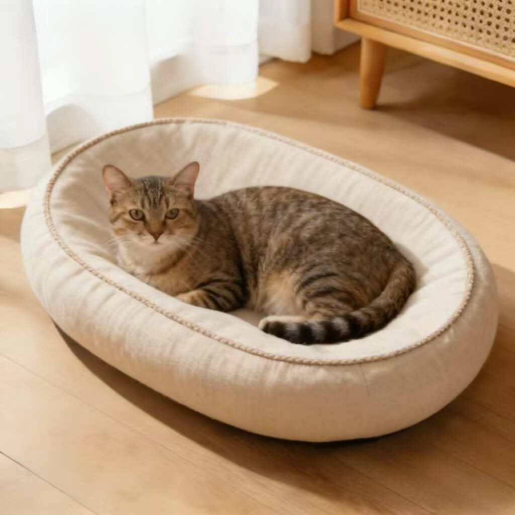 Oval Pet Bed for Cats - Beige, Soft Fabric, Comfortable Cushion, All-Season