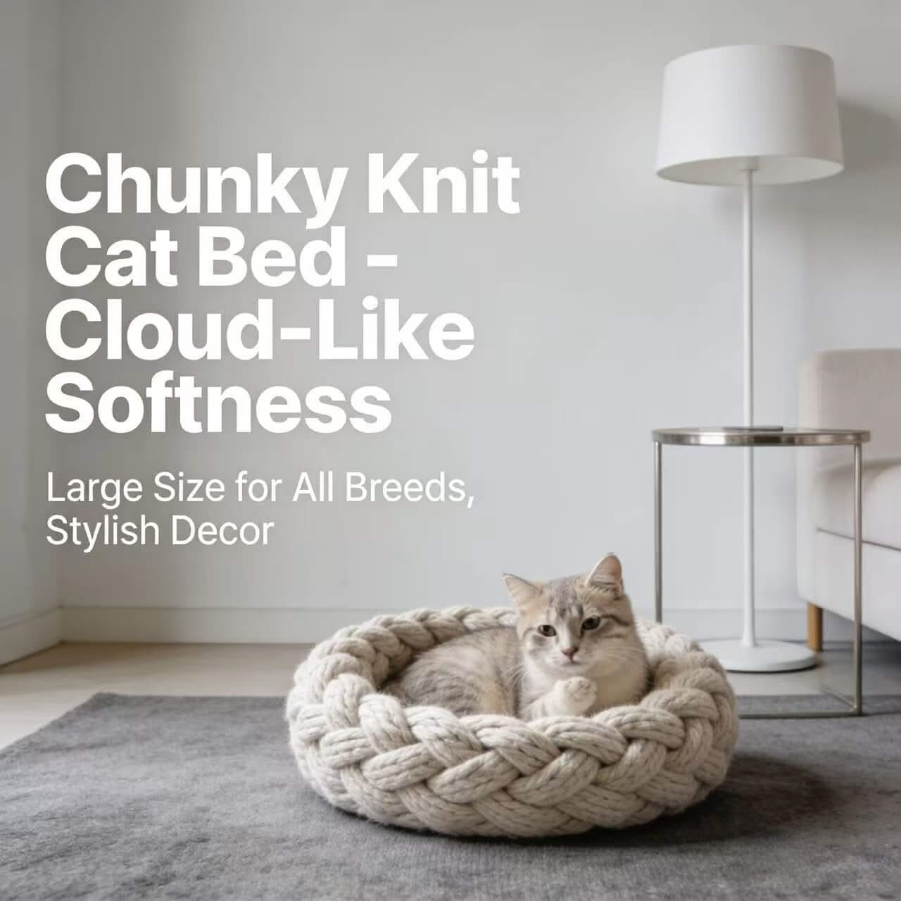 Chunky Knit Pet Bed for Cats - Cream, Braided Design, Soft Cushion, Cozy All-Season