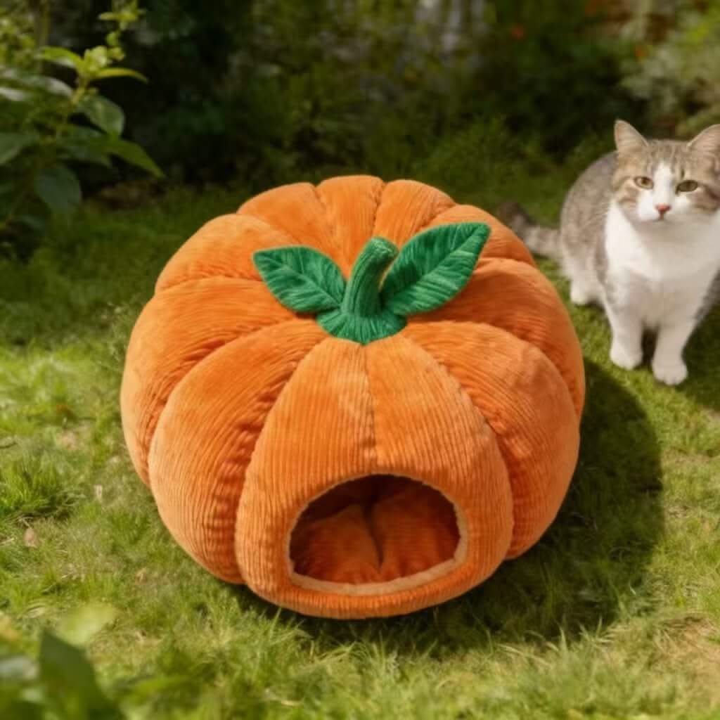 Cozy Pet Cave Bed for Cats - Orange Pumpkin Shape, Corduroy Fabric, Green Stem Decor