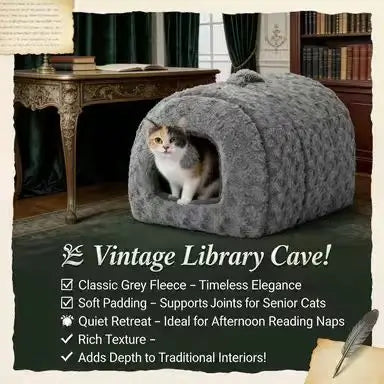 Plush Cave Cat Bed: Cozy Hideaway, Pom-Pom Decor (Gray)