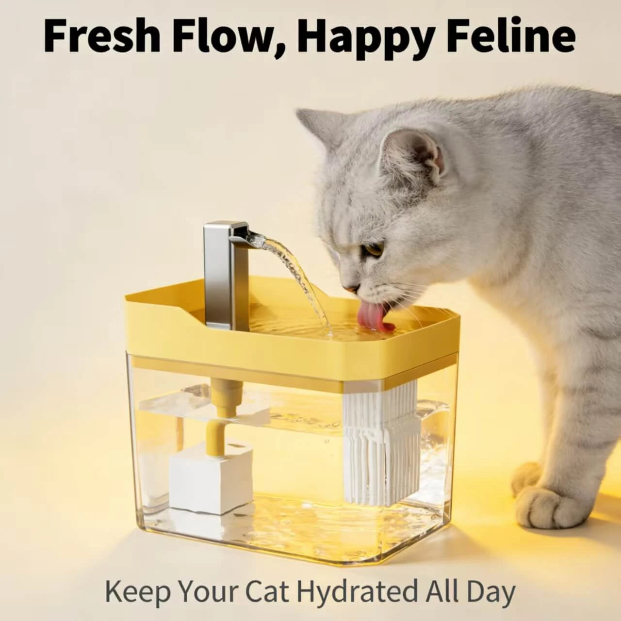Flowing Pet Water Dispenser - Filtered, Visible Reservoir, Yellow