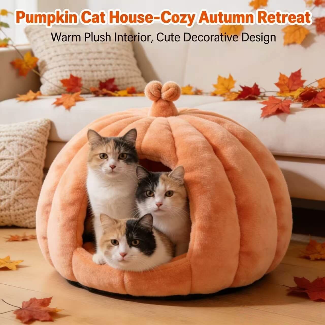 Pumpkin-Shaped Pet Cave Bed for Cats - Plush, Peach, Cozy Hiding Spot, All-Season
