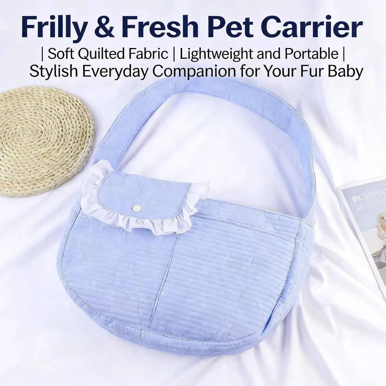 Stylish Cat & Dog Shoulder Bag - Ruffled Pocket, Soft Padded, Blue