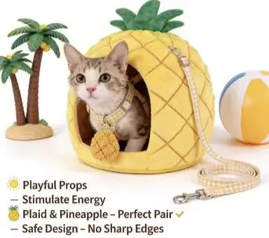 Escape-Proof Cat Harness & Leash: Pom-Pom Accent, Plaid Design