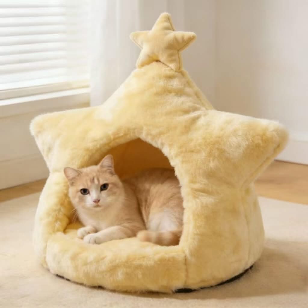 Star-Shaped Pet Cave Bed for Cats - Yellow, Plush Fabric, Cozy Hiding Spot