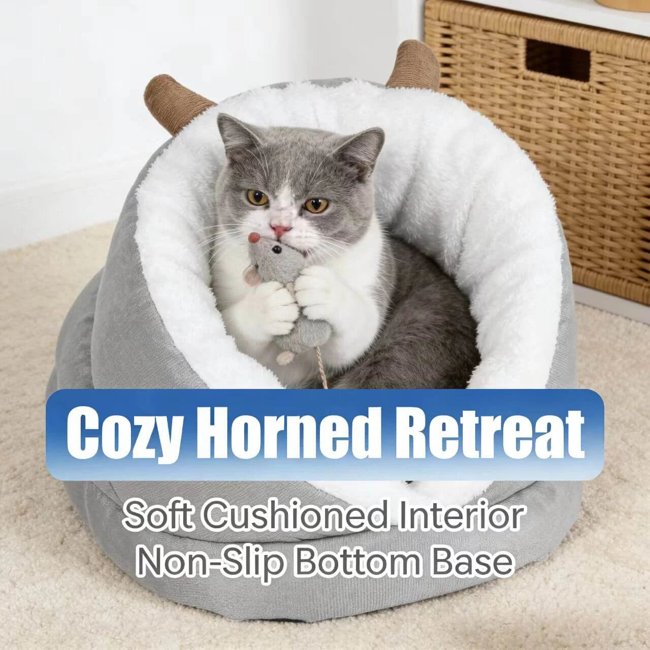 Warm Enclosed Pet Bed for Cats - Deer Antler Shape, Soft Plush, Grey/White Rest Cave