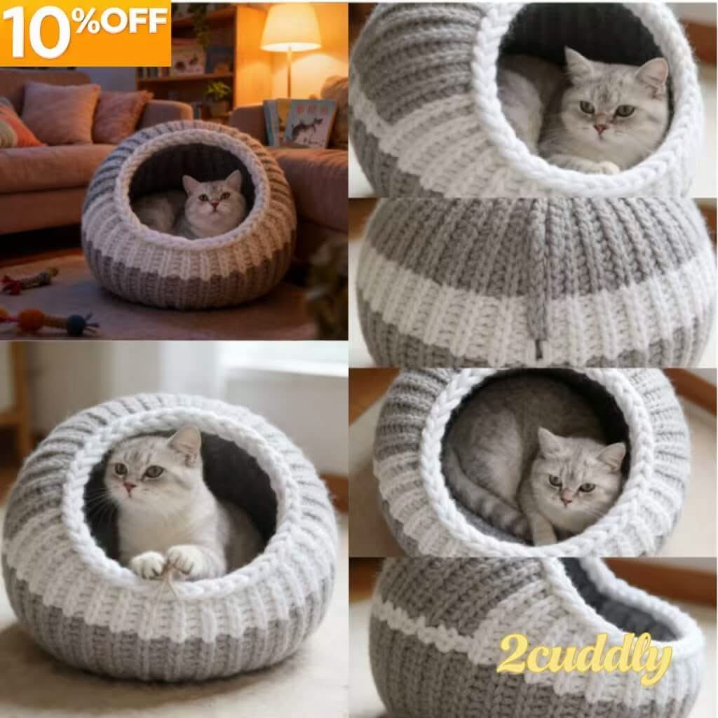 Two-Tone Knit Pet Cave Bed for Cats - Gray-White, Cozy Hiding Spot, Soft Cushion