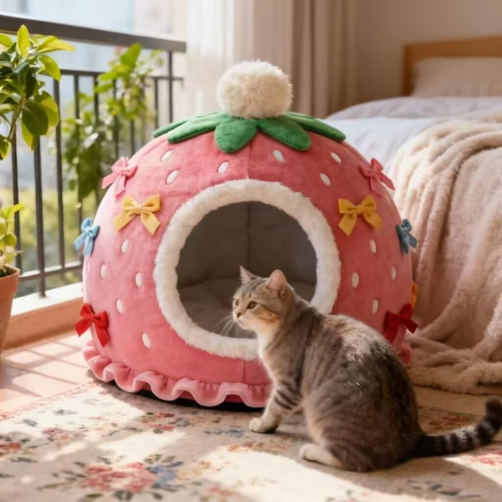 Adorable Strawberry Pet Cave Bed for Cats - Bow Decor, Ruffled, Plush, Pink, Cozy Hiding Spot, All-Season