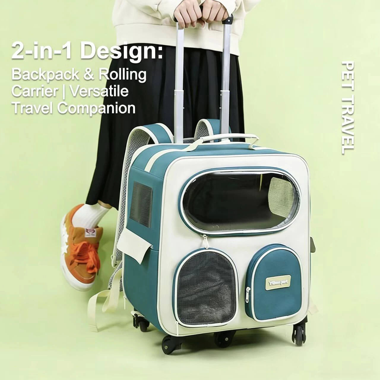 Portable Pet Rolling Kennel - Telescopic Handle, Airy, Teal