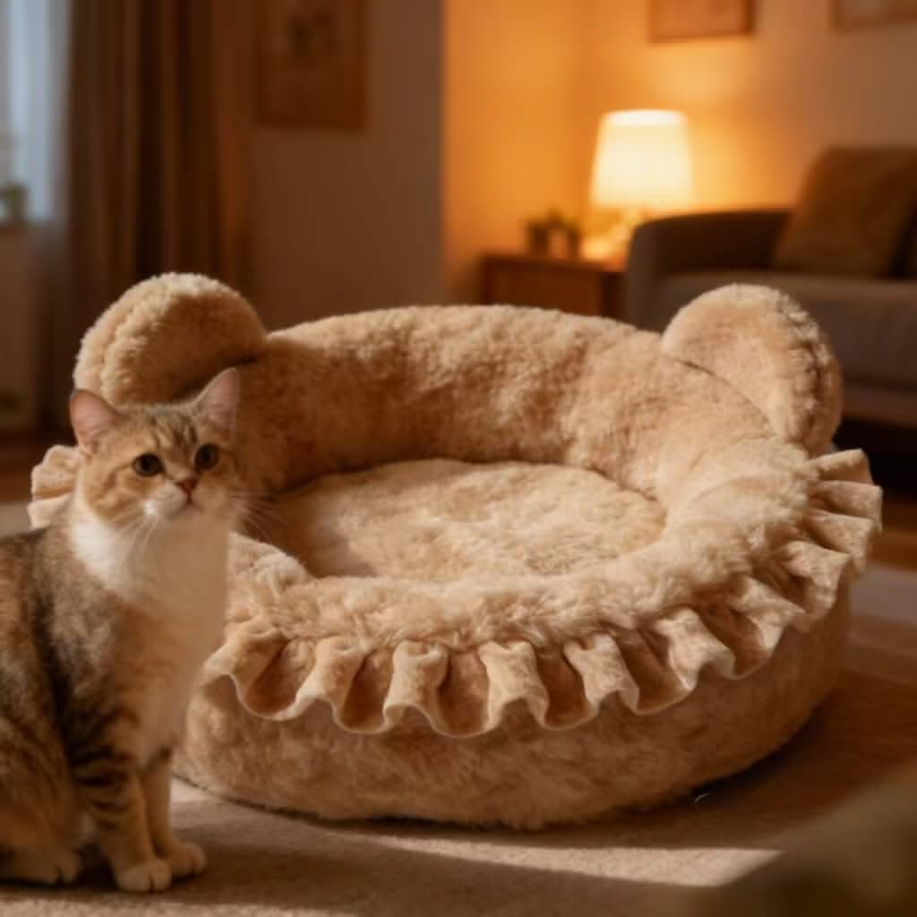 Adorable Ear-Shaped Pet Bed for Cats - Ruffled Trim, Plush Fleece, Beige, Cozy Cushion, All-Season