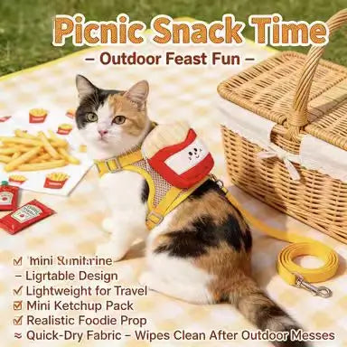 Escape-Proof Cat Harness & Leash: French Fries Pouch, Breathable Mesh