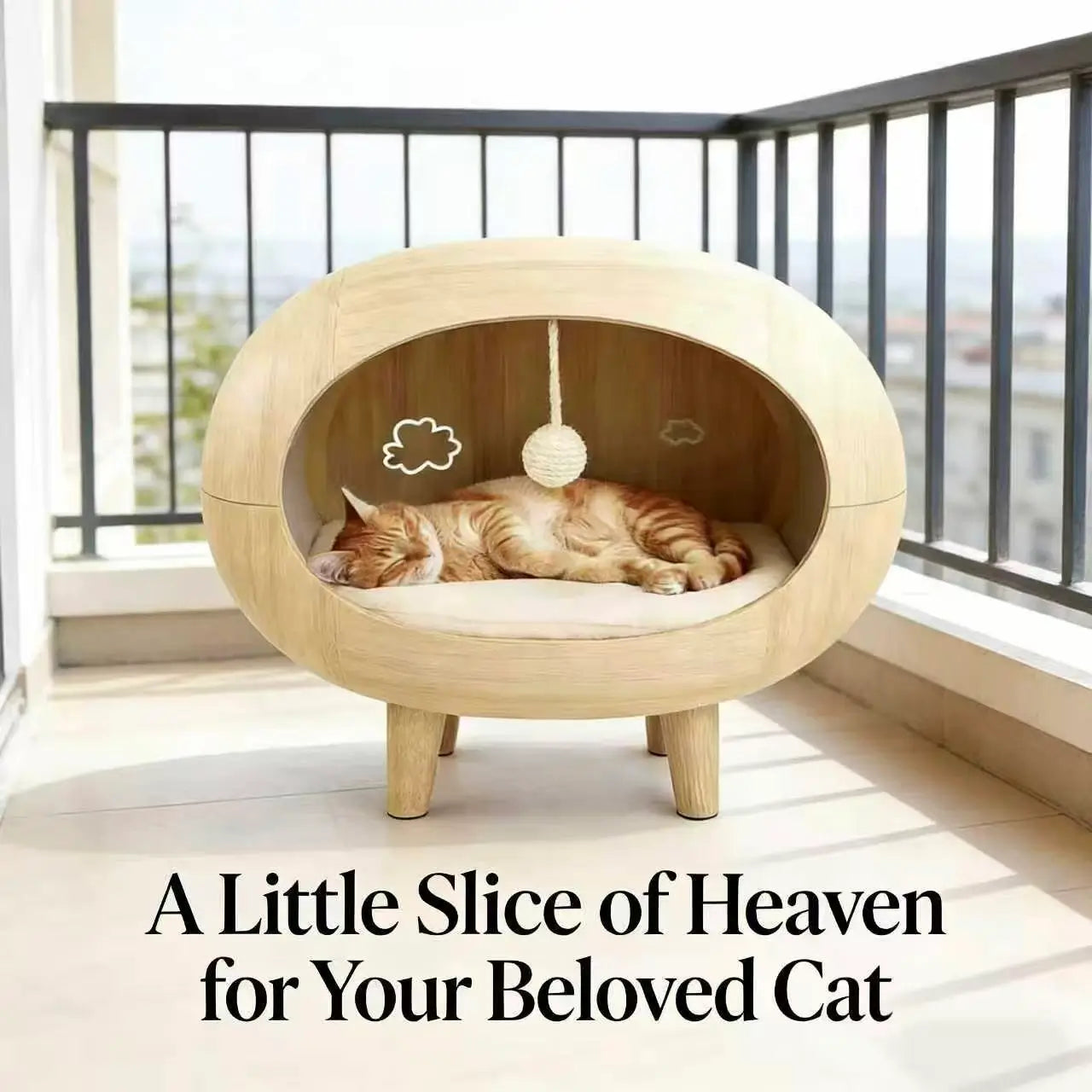 Modern Wooden Cat Cave Bed: Elevated Cozy Hideaway with Cushion & Toy, for Indoor Cat Comfort