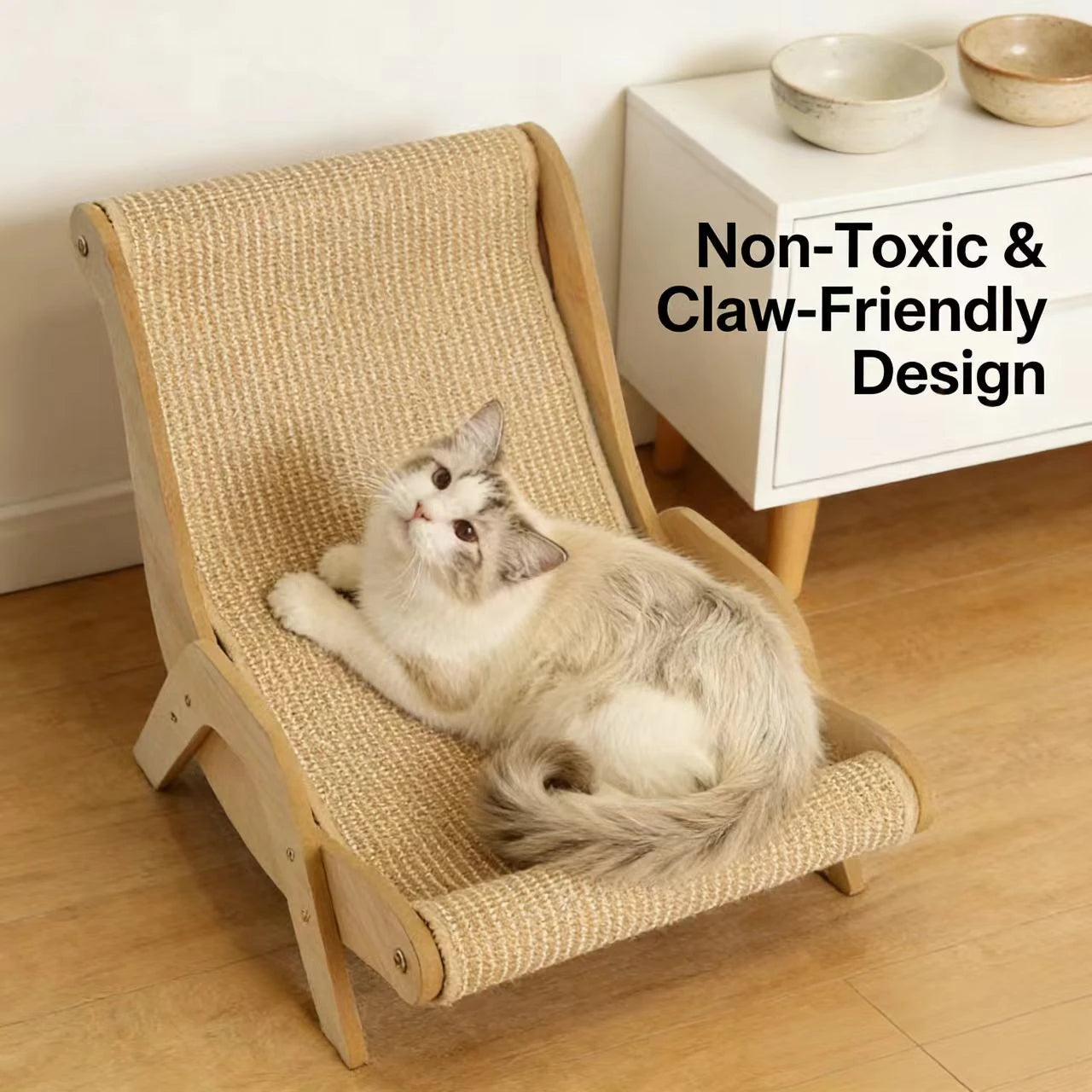 Dual-Use Cat Scratcher | Wooden Rattan Lounge | For All Feline Breeds