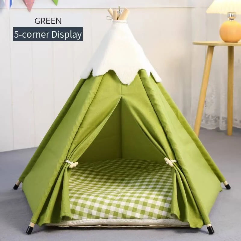 Soft Cat Teepee Tent - Canvas Material, Green, Gingham Cushion for Cozy Rest
