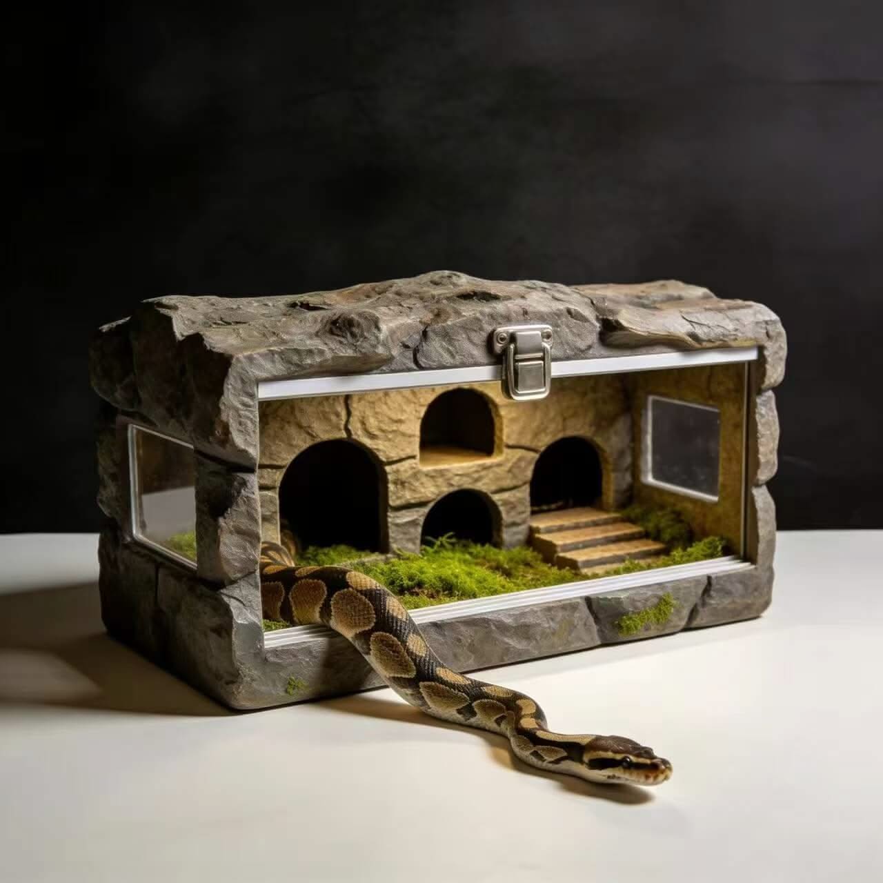 Rock-Style Multi-Hide Snake Enclosure: See-Through Panels, Tiered Design for Snakes