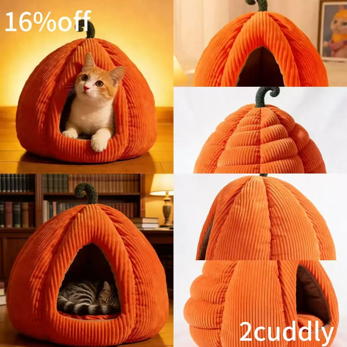 Pet Cave Bed, Pumpkin-Style, Orange Corduroy, 2 Sizes, Small-Medium Pet Bed