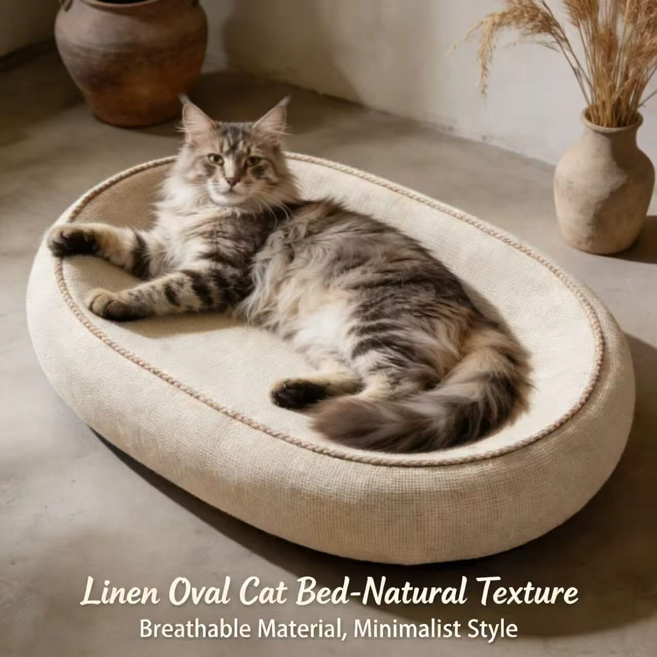 Oval Pet Bed for Cats - Beige, Soft Fabric, Comfortable Cushion, All-Season