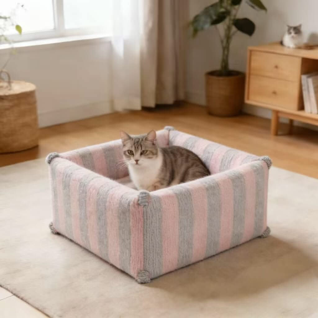 Cozy Knit Pet Bed for Cats - Pink-Gray, Striped, Square, Pom-Pom Corner Decor