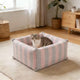 Cozy Knit Pet Bed for Cats - Pink-Gray, Striped, Square, Pom-Pom Corner Decor