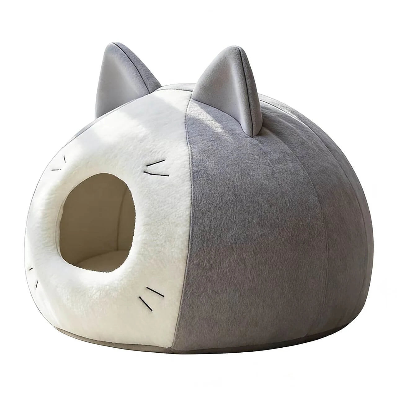 Warm Enclosed Pet Bed for Cats - Cat Face Shape, Soft Plush, Grey/White Rest Cave