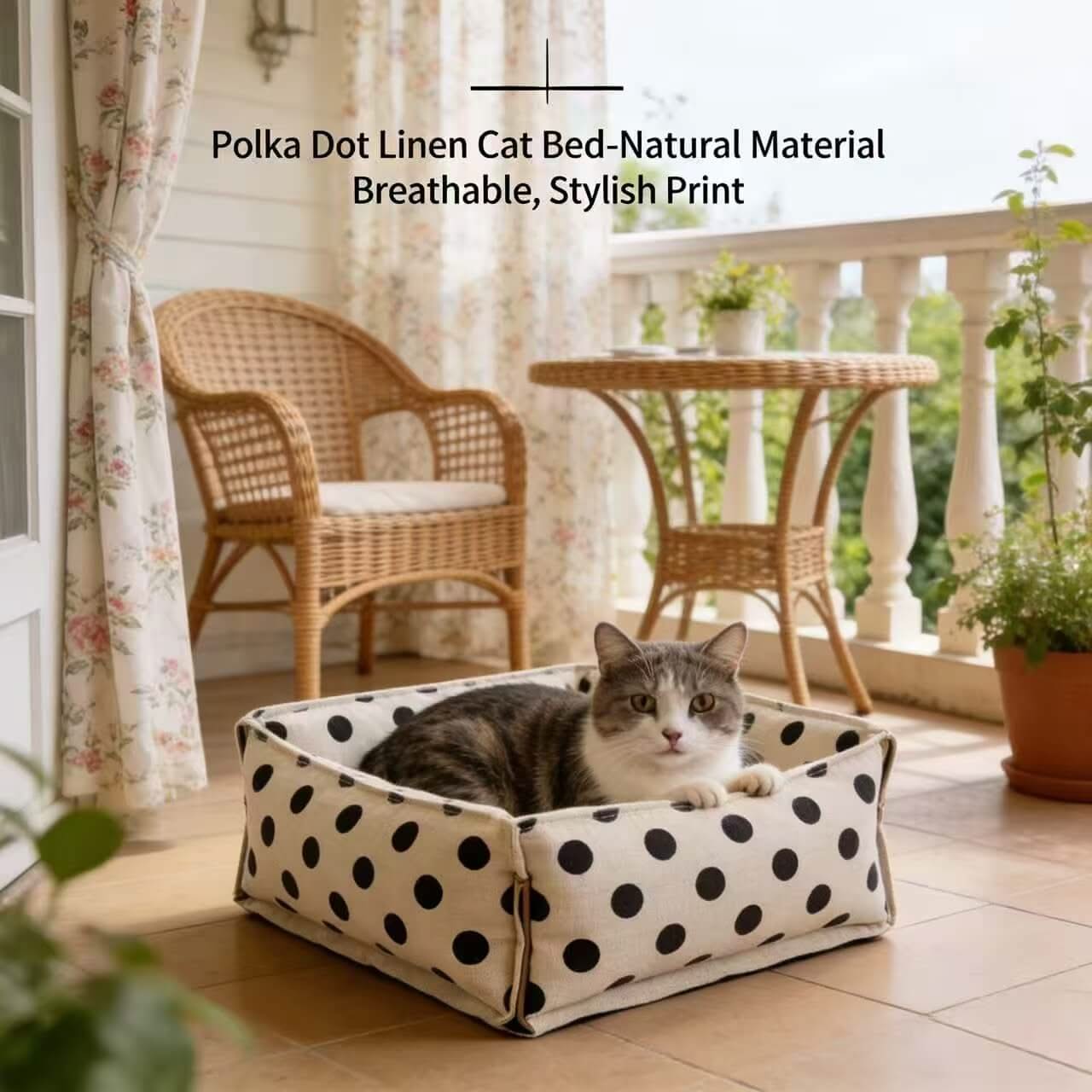 Polka Dot Pet Bed for Cats - Beige-Black, Square, Soft Fabric, Cozy Cushion, All-Season