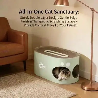 2-in-1 Cat Scratcher: Hideaway, Double-Layer, Scratching Surface (Light Green-Beige)