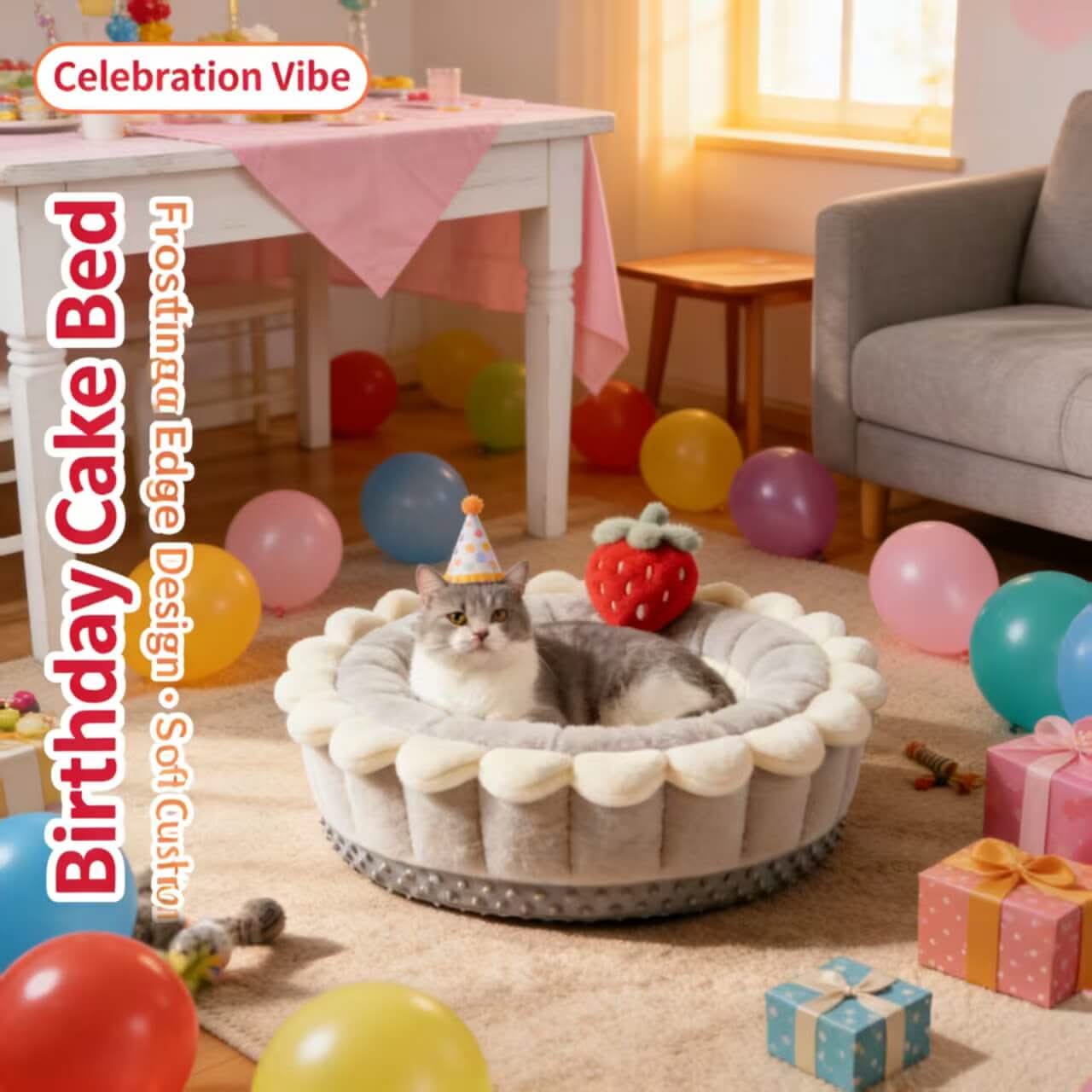 Adorable Cake-Shaped Pet Bed for Cats- Strawberry Decor, Plush Fabric, Gray-White, All-Season