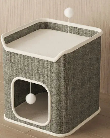 Cat Scratcher Hideaway: Scratch-Resistant, Resting Perch & Hanging Ball, Gray-White Design