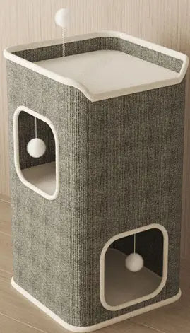 Cat Scratcher Hideaway: Scratch-Resistant, Resting Perch & Hanging Ball, Gray-White Design