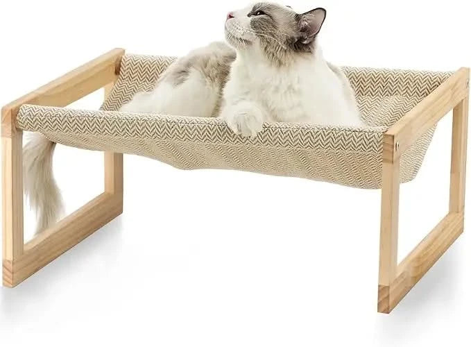 FUKUMARU Elevated Pet Hammock: Breathable Wooden Frame Cat Dog Bed