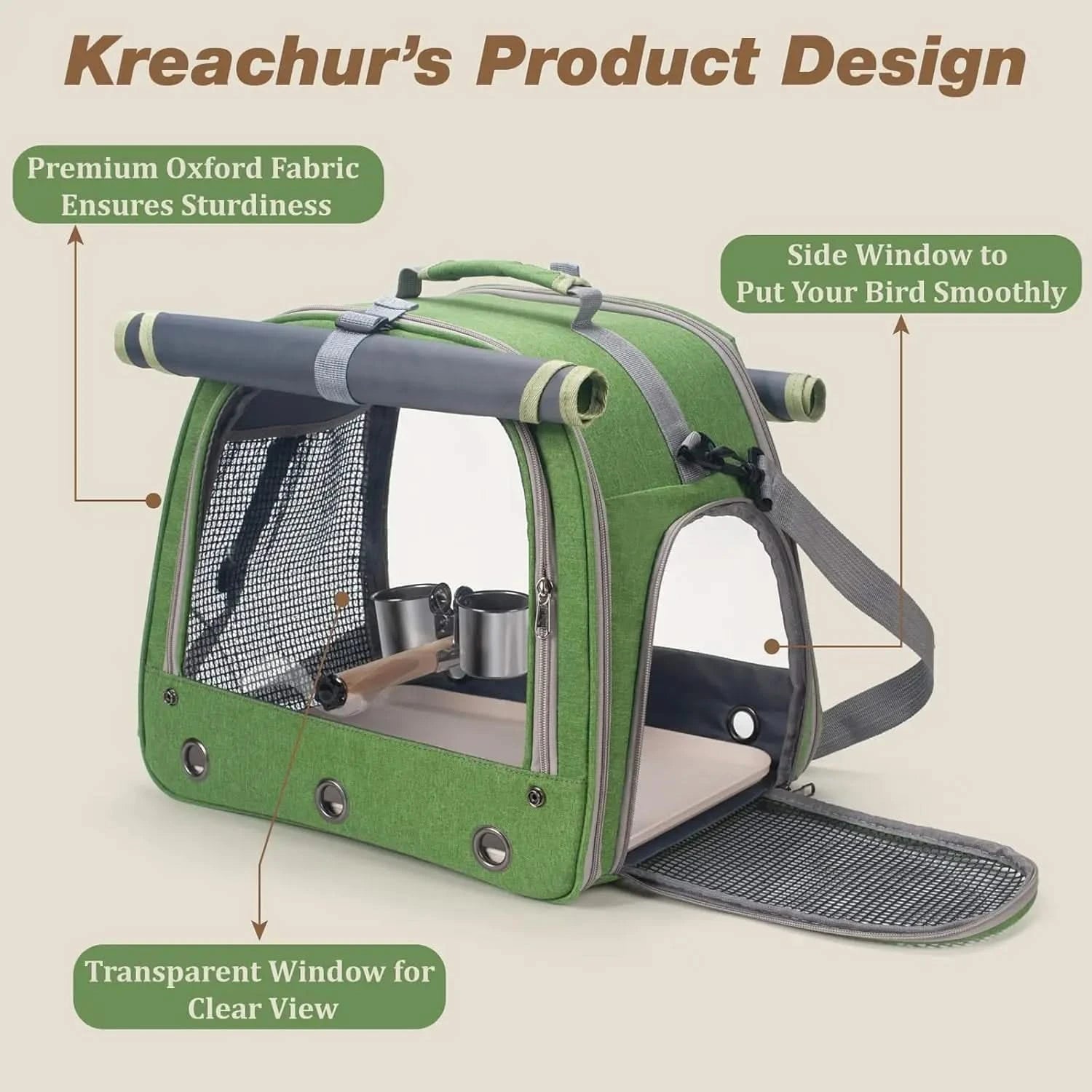 KREACHUR Portable Bird Travel Carrier: Clear Window, Perch, Food Bowls, Breathable