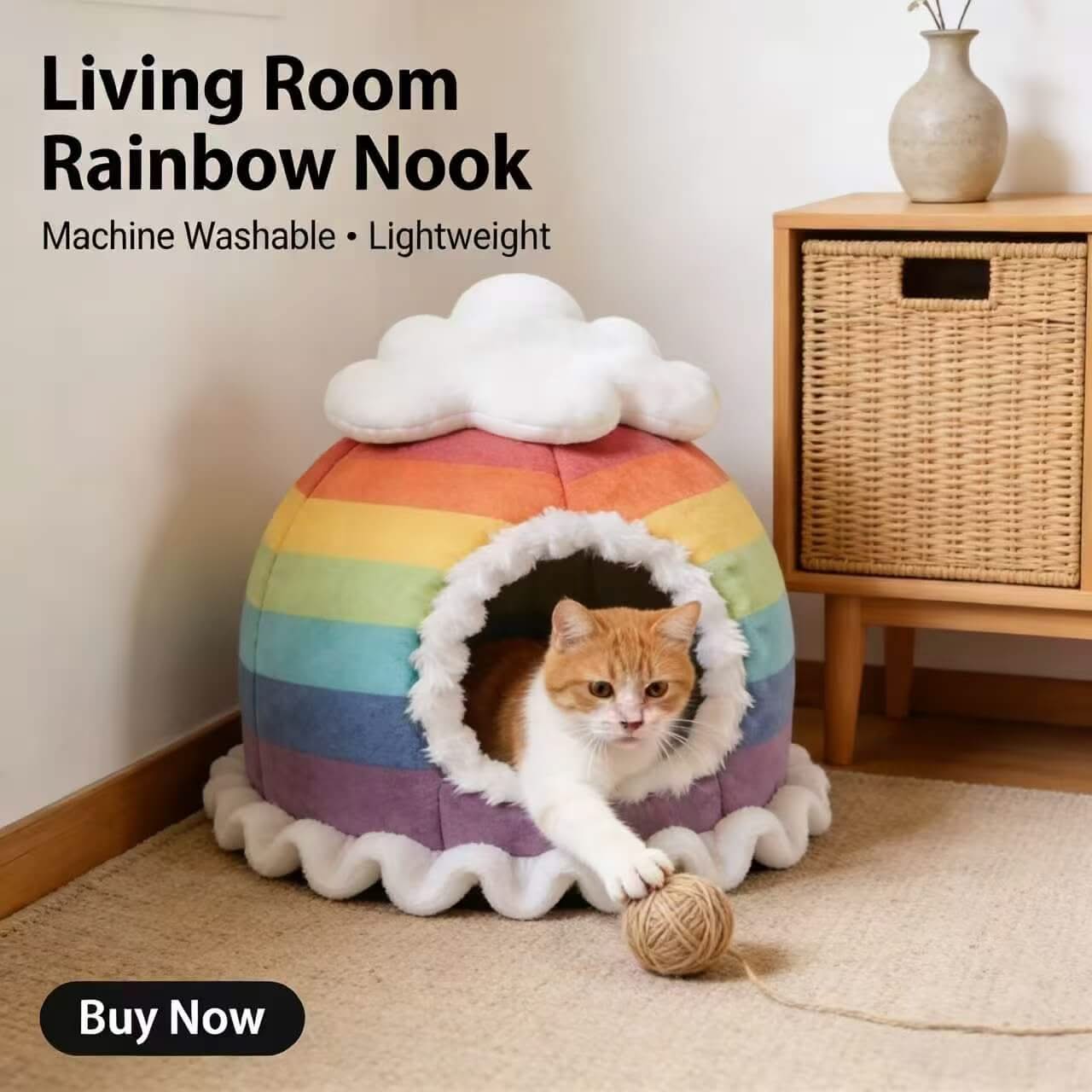 Colorful Rainbow Pet Cave Bed for Cats - Cloud Decor, Ruffled, Plush, Cozy Hiding Spot, All-Season