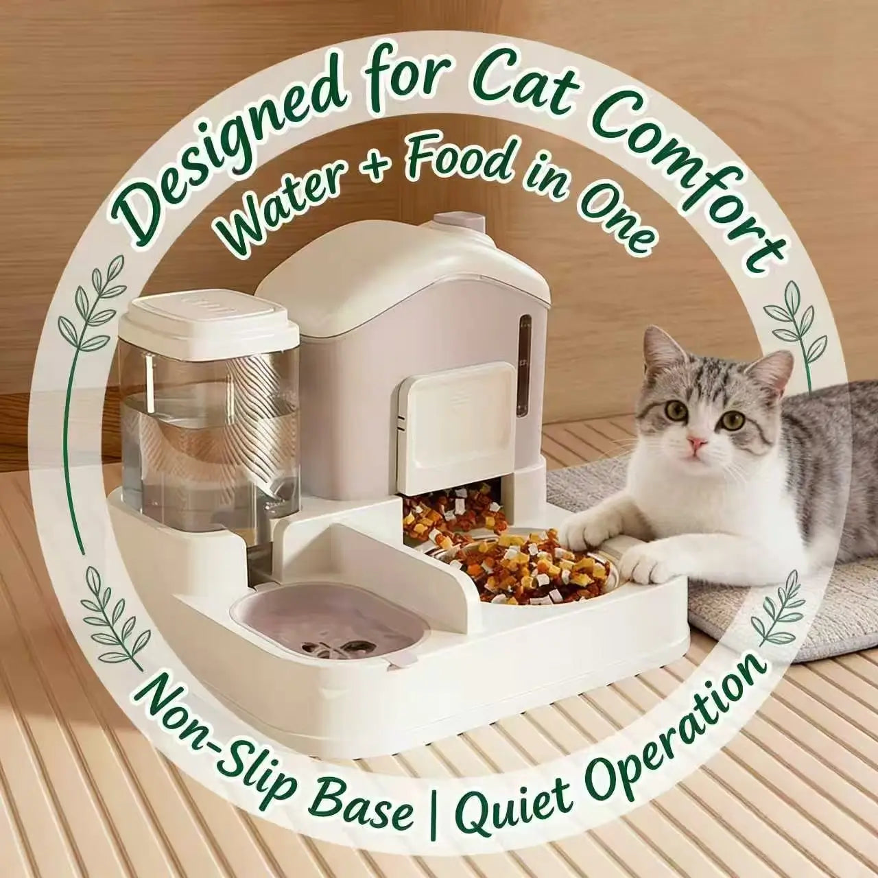 10-Day Auto Cat Feeder & Waterer: One-Touch Dispensing, Slide-Lock Design (Beige)
