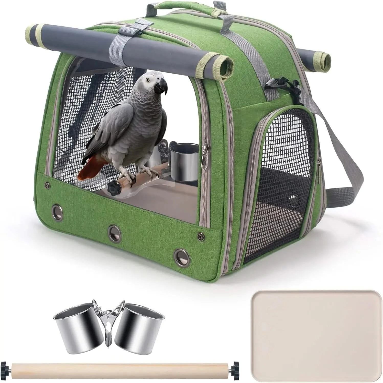 KREACHUR Portable Bird Travel Carrier: Clear Window, Perch, Food Bowls, Breathable