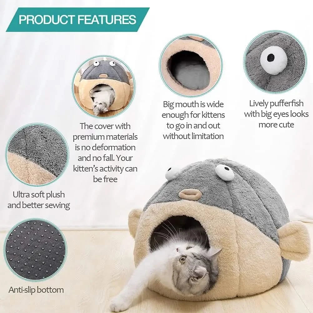 Cozy Pufferfish Cat Cave Bed with Washable Pillow, Soft Plush for Indoor Cats