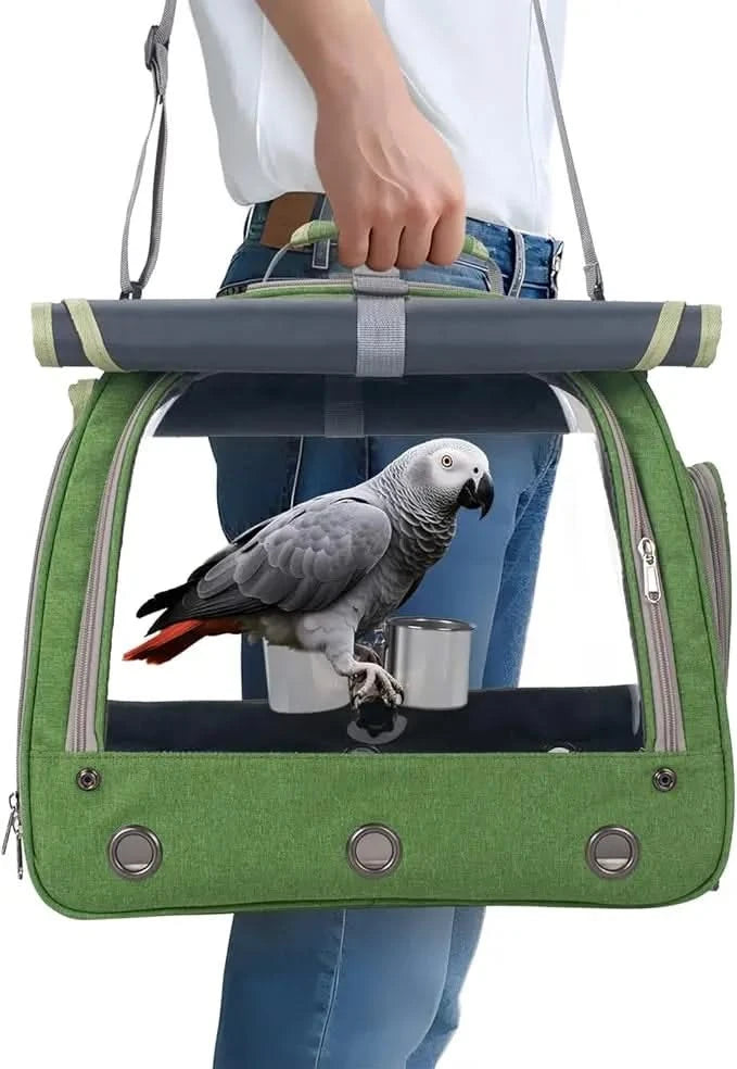 KREACHUR Portable Bird Travel Carrier: Clear Window, Perch, Food Bowls, Breathable