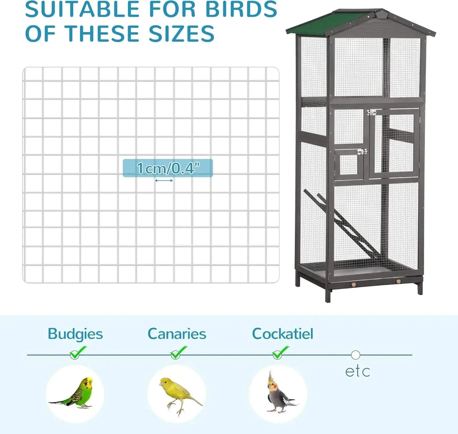 PawHut 65" Outdoor Wooden Bird Aviary House, Large Parrot Parakeet Cage, Grey